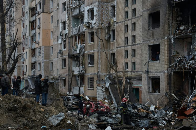Destroyed residential building in a Ukrainian city after a Russian missile attack.