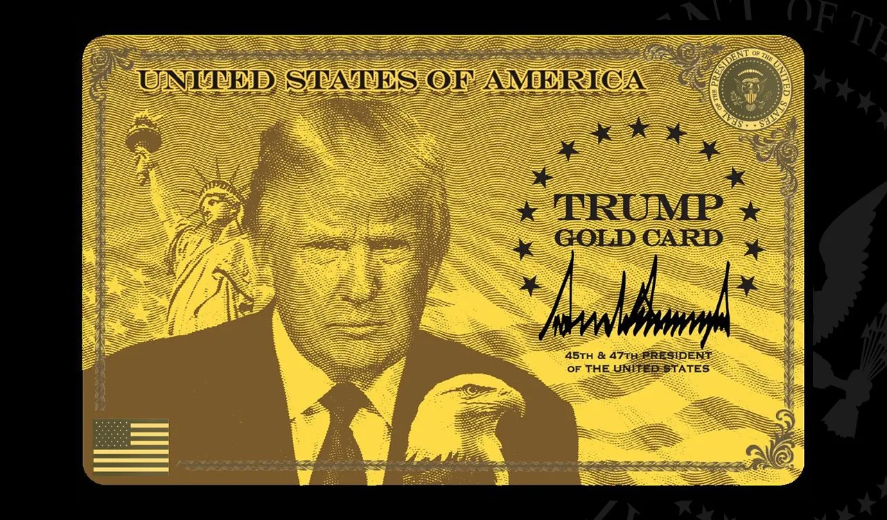A rectangular gold-colored card labeled “Trump Gold Card” in printed letters. The card has a metallic sheen and a layout similar to a credit or membership card.