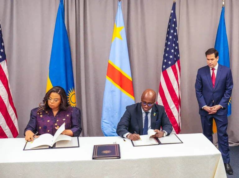 U.S. Secretary of State Marco Rubio attends the signing of the Washington Accords between the Democratic Republic of Congo and Rwanda, promoting peace and long-term stability in the region.