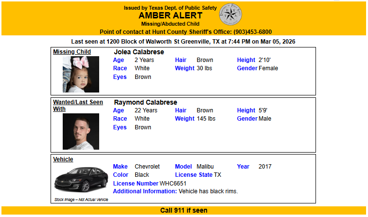 This image shows an Amber Alert issued by the Texas Department of Public Safety for missing child Jolea Calabrese.