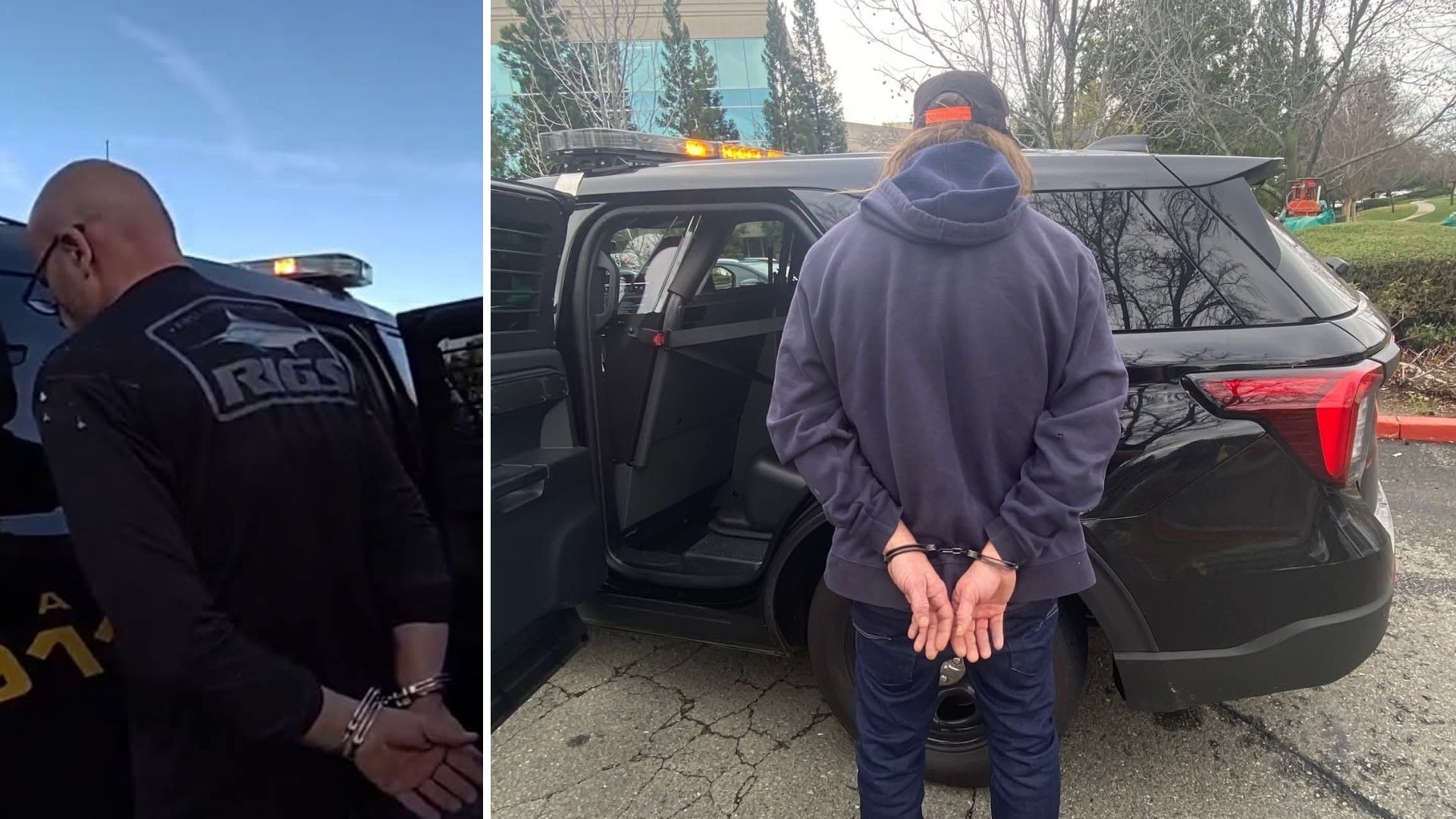 Two handcuffed suspects stand beside a law enforcement SUV during arrests tied to a Roseville jewelry store burglary investigation.